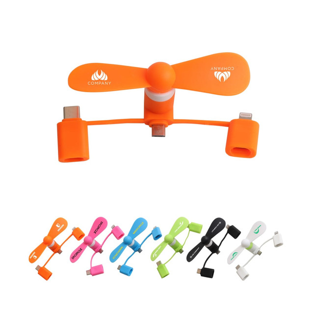 A bright orange 3 in 1 smart phone fan with multiple coloured versions displayed below, featuring a logo.