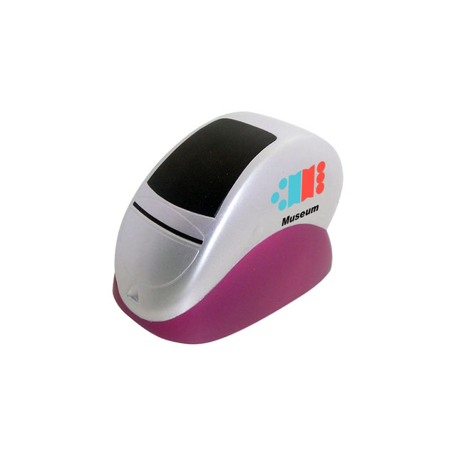 A stress reliever shaped like a stapler, featuring a purple base and a silver top, with a logo on the side.