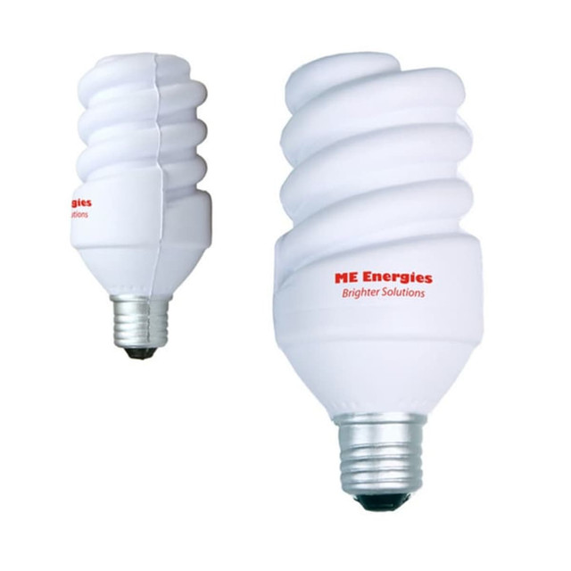 A white, twisty light bulb-shaped stress reliever with a branding logo, designed for fun and relaxation.