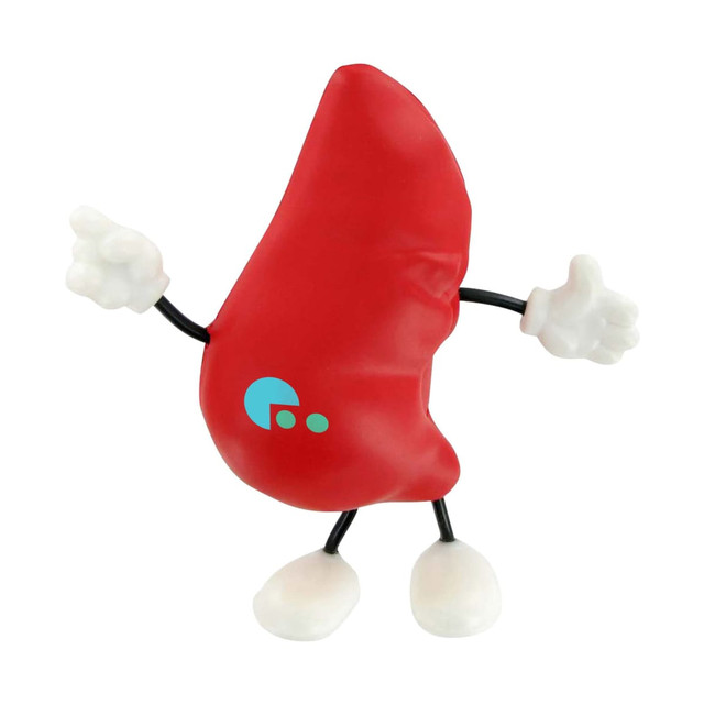 A red liver-shaped stress reliever with white hands and feet, featuring a small logo on its side.