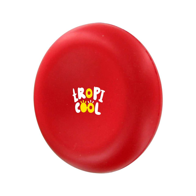 A red stress reliever in a circular shape with a logo on the front. It's designed for playful stress relief.