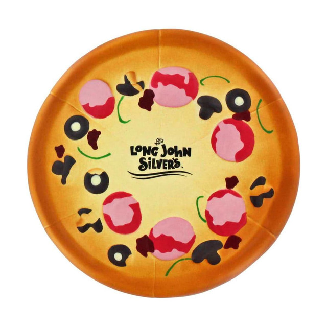 A round pizza-shaped stress reliever featuring toppings like pepperoni and olives, with yellow and red colours.