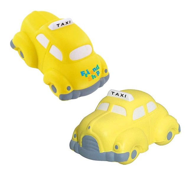 A yellow taxi-shaped stress reliever with grey accents and a logo on the top.