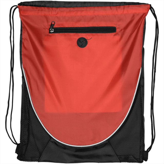 A red and black drawstring backpack featuring a zippered pocket and a mesh panel, with a logo on the front.