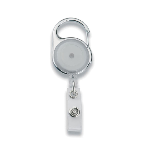A retractable badge holder in silver and clear, featuring a clip and a transparent reel.
