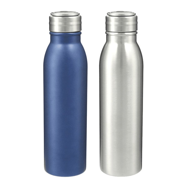 A drink bottle featuring a blue and a silver stainless steel design, each with a metallic lid and branding.