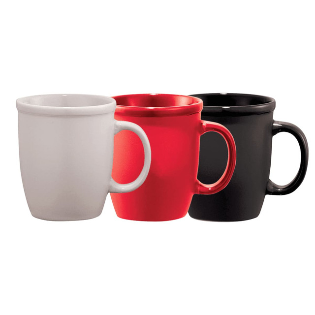 A set of three ceramic mugs in white, red, and black, featuring rounded shapes and handles. Each mug has a glossy finish.