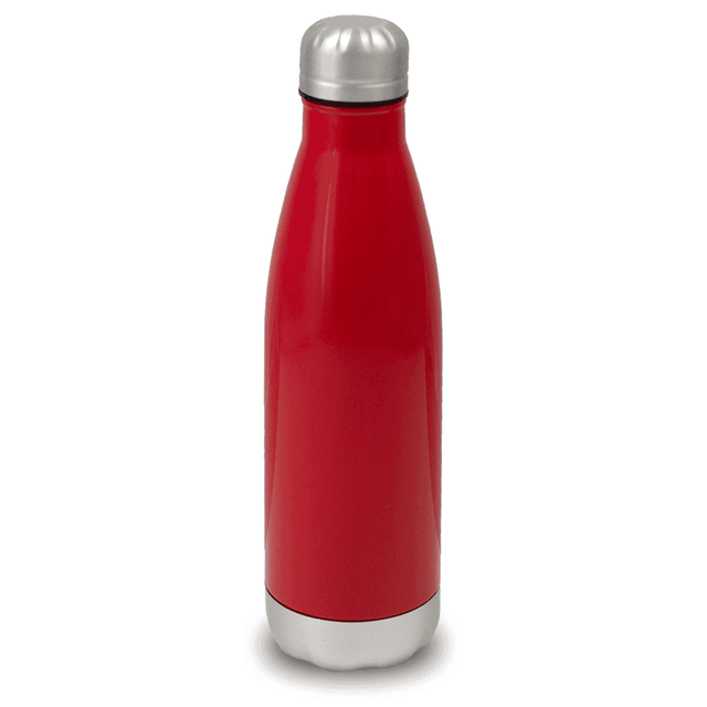 A drink bottle in vibrant red with a silver stainless steel cap, featuring a smooth surface and an integrated logo.