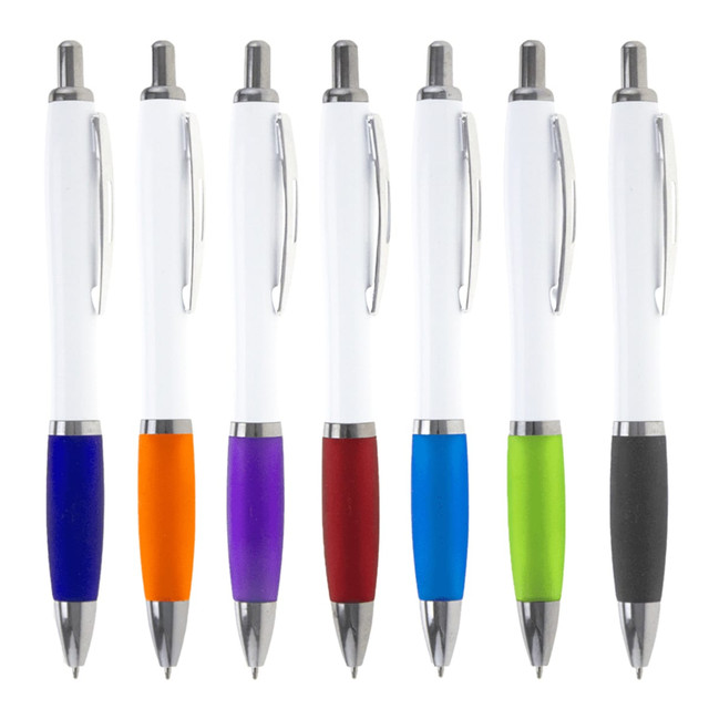 A set of ballpoint pens featuring a white barrel and assorted coloured grips in orange, purple, red, blue, and green. A set of ballpoint pens featuring a white barrel and assorted coloured grips in orange, purple, red, blue, and green.