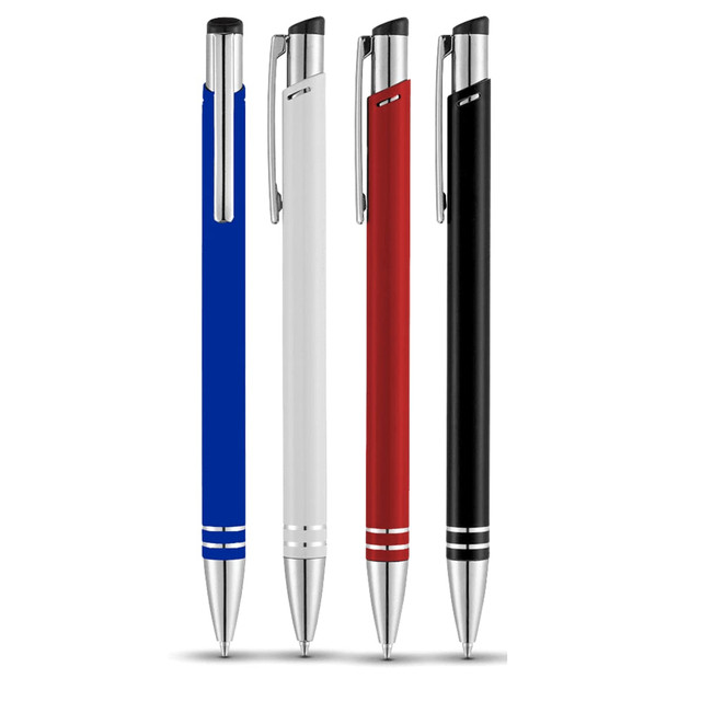 A collection of four Hawk Ballpoint Pens in blue, white, red, and black, featuring metal accents and a logo. A collection of four Hawk Ballpoint Pens in blue, white, red, and black, featuring metal accents and a logo.