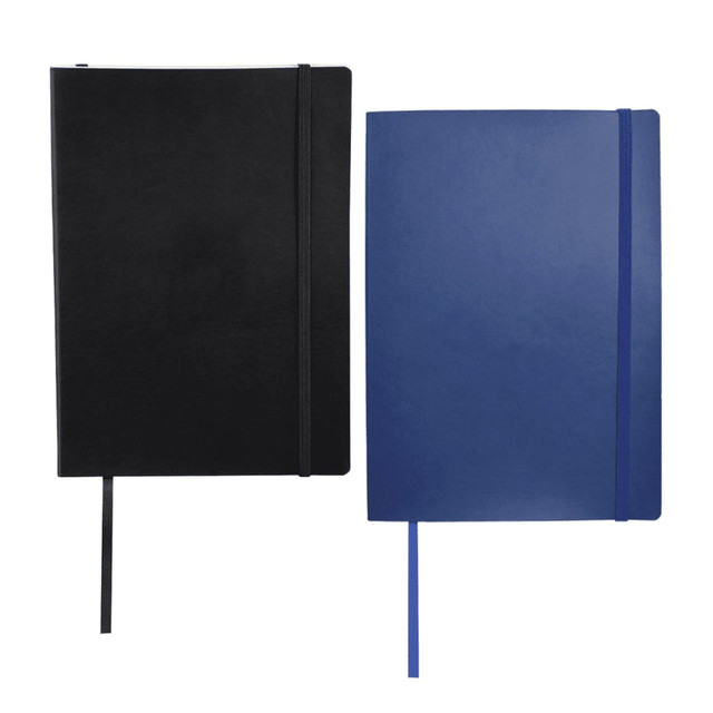 A black and a blue large bound journal, each with a matching ribbon bookmark and an elastic closure. Each features a logo.