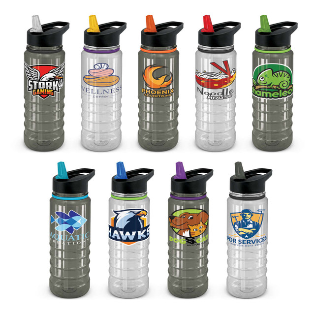 A drink bottle in clear and black, featuring various logos and vibrant coloured lids.
