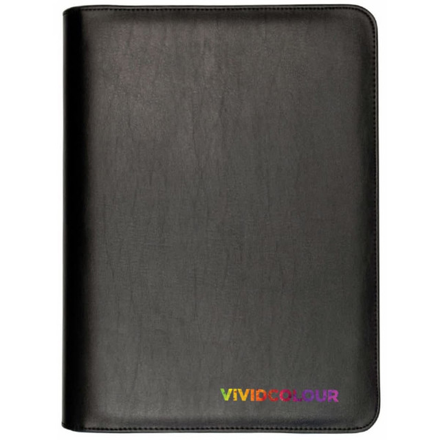 A black zippered compendium with a textured surface and a subtle branding logo at the bottom. A black zippered compendium with a textured surface and a subtle branding logo at the bottom.