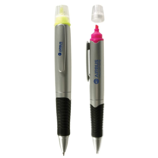A duo highlighter and pen in silver with a black grip, featuring yellow and pink highlighting ends and branding. A duo highlighter and pen in silver with a black grip, featuring yellow and pink highlighting ends and branding.