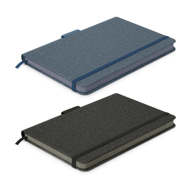 A grey notebook and a blue notebook with elastic band closures, both featuring textured covers and a branding logo.
