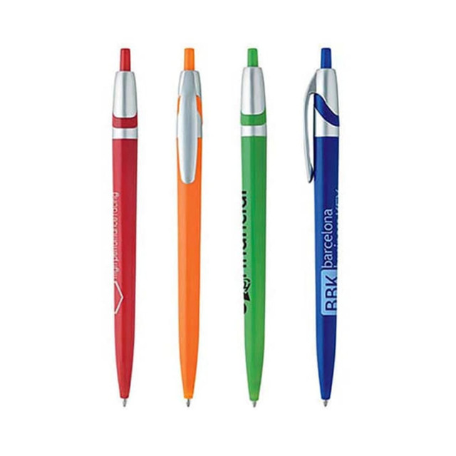 Four plastic pens in red, orange, green, and blue, each with a silver clip and branding. Four plastic pens in red, orange, green, and blue, each with a silver clip and branding.