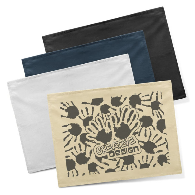 A set of four cotton tea towels in cream, white, teal, and black, featuring a handprint design on one towel. A set of four cotton tea towels in cream, white, teal, and black, featuring a handprint design on one towel.