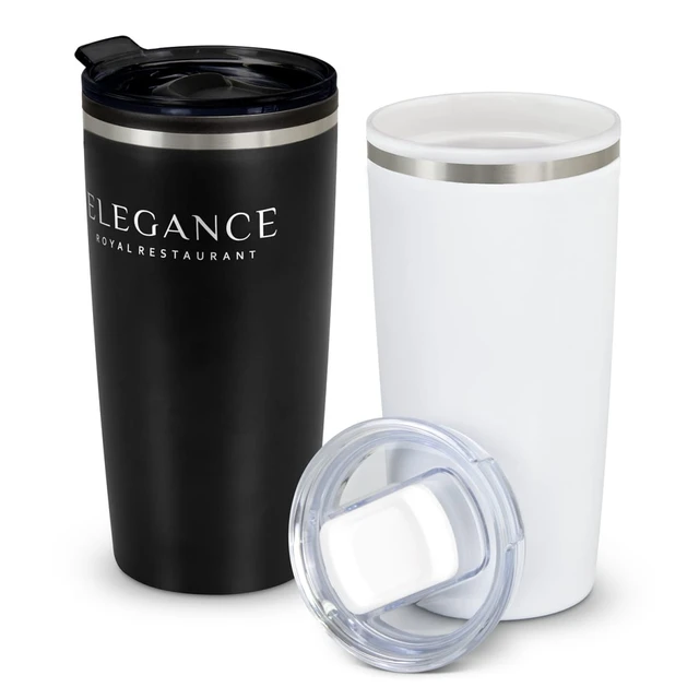 A travel mug set featuring a matte black and a glossy white double wall cup, each with a lid and one has a logo.