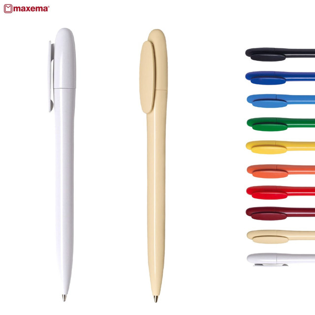 A collection of plastic pens in various colours, featuring a white pen and a beige pen, with a logo present.