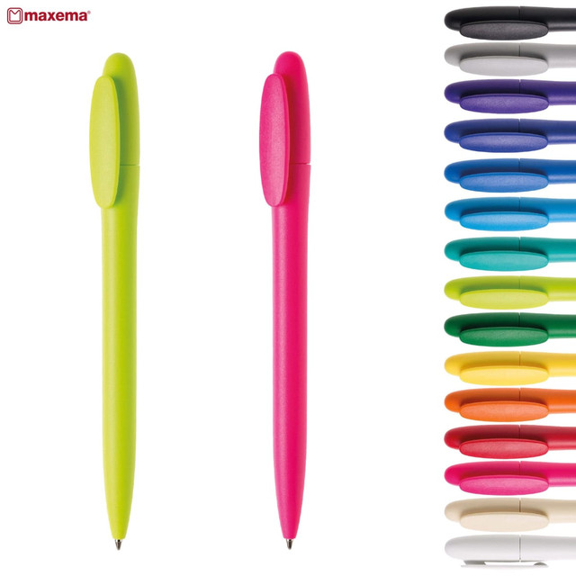 Two plastic pens in vibrant lime green and bright pink, alongside a range of other colourful pens. The pens feature a branding logo.