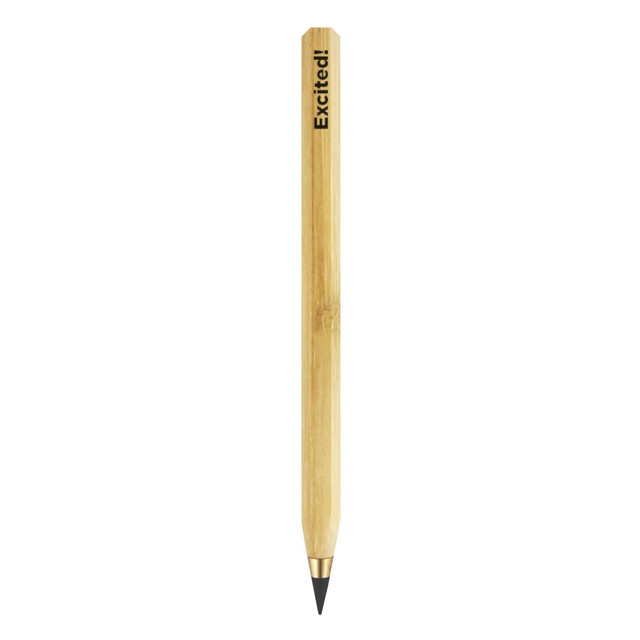 A bamboo pencil with a grey lead tip, featuring a sleek design and a branding logo. A bamboo pencil with a grey lead tip, featuring a sleek design and a branding logo.