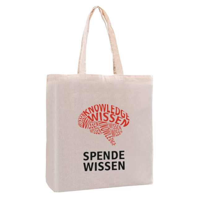 A cream tote bag with a gusset featuring a printed design in red and black. It has two handles and a logo.