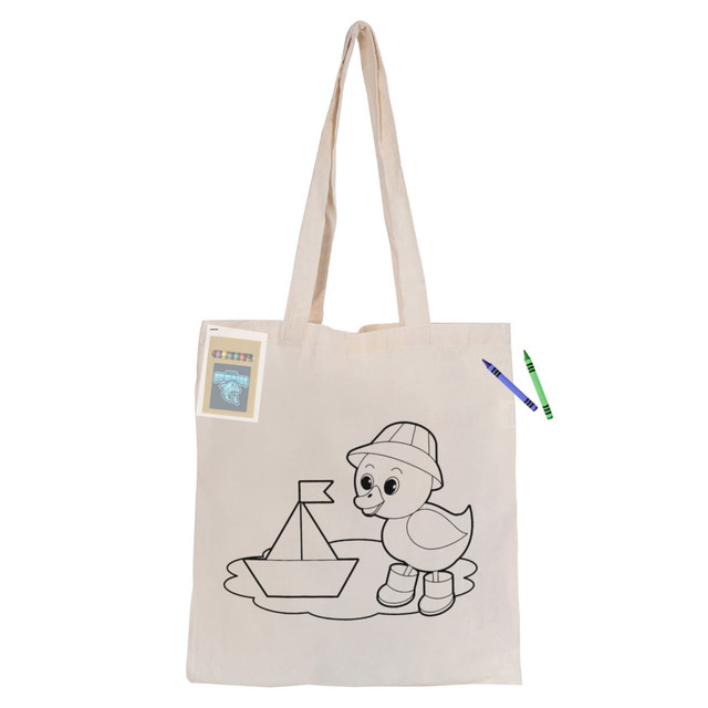 A natural-coloured tote bag featuring a cartoon duck and a boat design, accompanied by crayons and a sticker. A natural-coloured tote bag featuring a cartoon duck and a boat design, accompanied by crayons and a sticker.