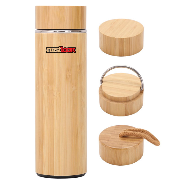 A drink bottle made of bamboo featuring a wooden lid and a detachable handle. It has a sleek, natural finish. A drink bottle made of bamboo featuring a wooden lid and a detachable handle. It has a sleek, natural finish.