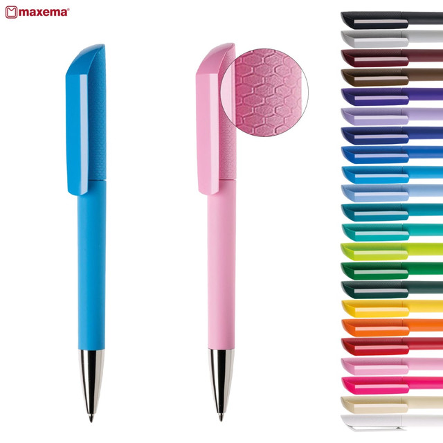 A blue and a pink pen, featuring a textured grip, alongside a range of pens in various colours. A blue and a pink pen, featuring a textured grip, alongside a range of pens in various colours.