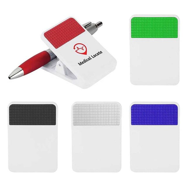 A pen and a fridge magnet clip in white, featuring textured top sections in red, green, black, and blue. The clip has a logo.