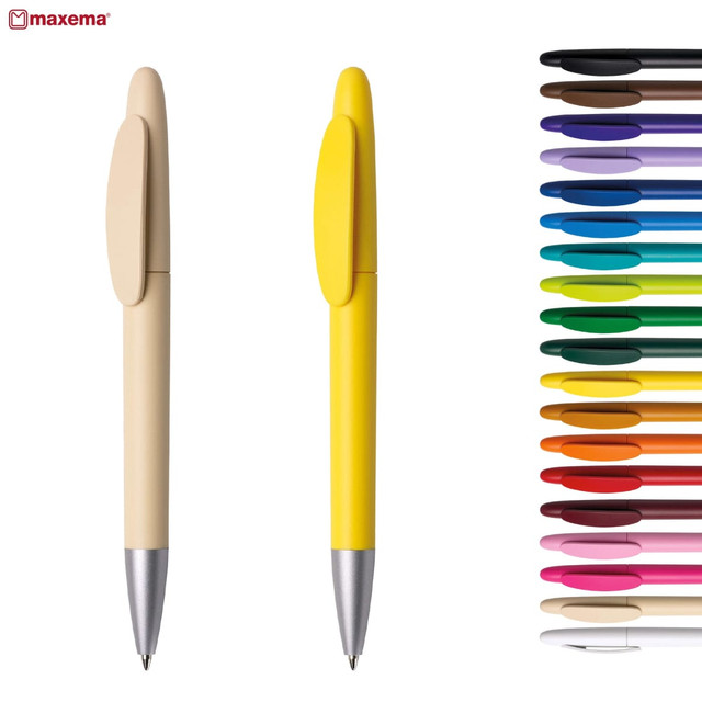 Two plastic pens, one in beige and one in yellow, with a variety of coloured pens displayed on the right. Each has a logo. Two plastic pens, one in beige and one in yellow, with a variety of coloured pens displayed on the right. Each has a logo.