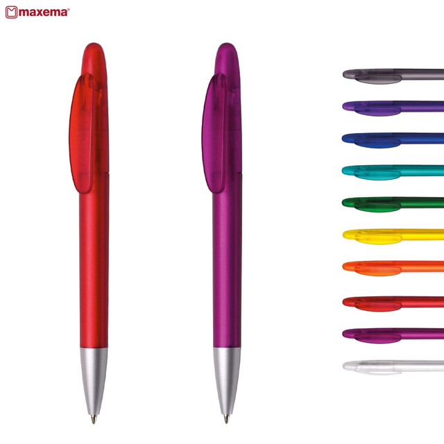 A set of plastic pens in red, purple, and a variety of other colours, featuring silver accents and a logo. A set of plastic pens in red, purple, and a variety of other colours, featuring silver accents and a logo.