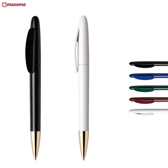 A collection of metal pens in black, white, green, blue, and red, featuring gold accents and a branding logo. A collection of metal pens in black, white, green, blue, and red, featuring gold accents and a branding logo.