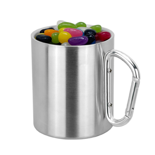 A stainless steel mug filled with colourful jelly beans, featuring a metal carabiner handle. A stainless steel mug filled with colourful jelly beans, featuring a metal carabiner handle.