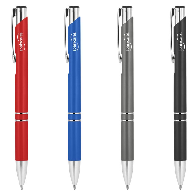 A collection of metal pens in red, blue, grey, and silver, each with a logo and a modern design. A collection of metal pens in red, blue, grey, and silver, each with a logo and a modern design.