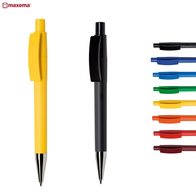 A set of plastic pens in yellow and black, with additional pens in various colours displayed beside them. A set of plastic pens in yellow and black, with additional pens in various colours displayed beside them.