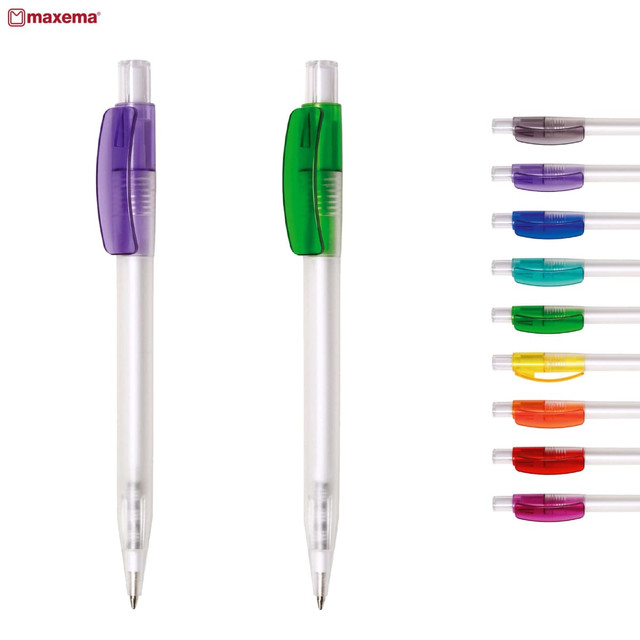 Two pens in purple and green with transparent barrels, alongside a selection of pens in various colours. Each pen has a clip. Two pens in purple and green with transparent barrels, alongside a selection of pens in various colours. Each pen has a clip.