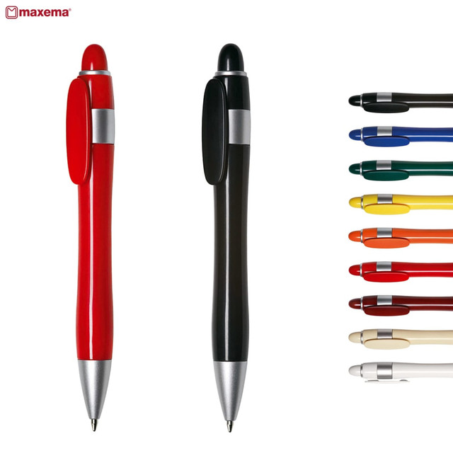 A collection of plastic pens in various colours, including red and black, with a metallic clip and a logo. A collection of plastic pens in various colours, including red and black, with a metallic clip and a logo.