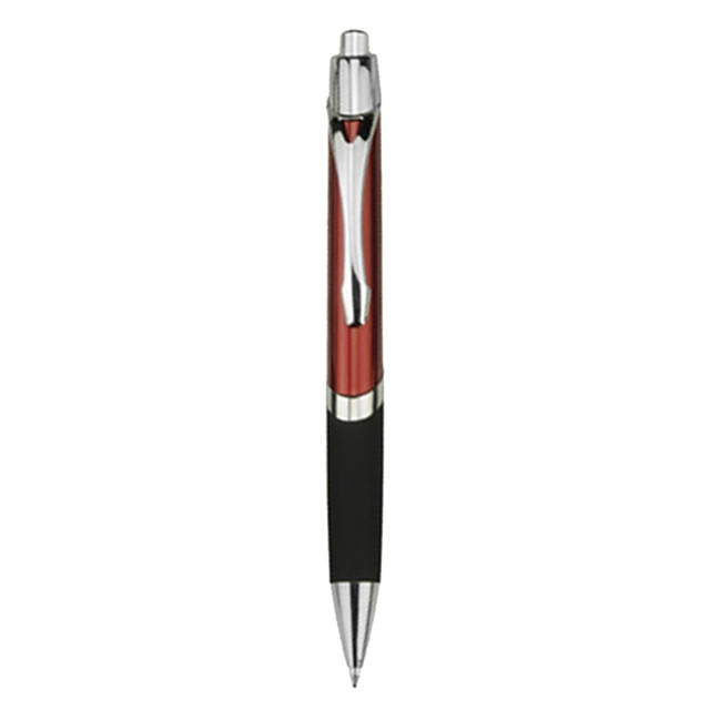 A plastic pen featuring a shiny red barrel, silver accents, and a black grip. It also has branding on it.