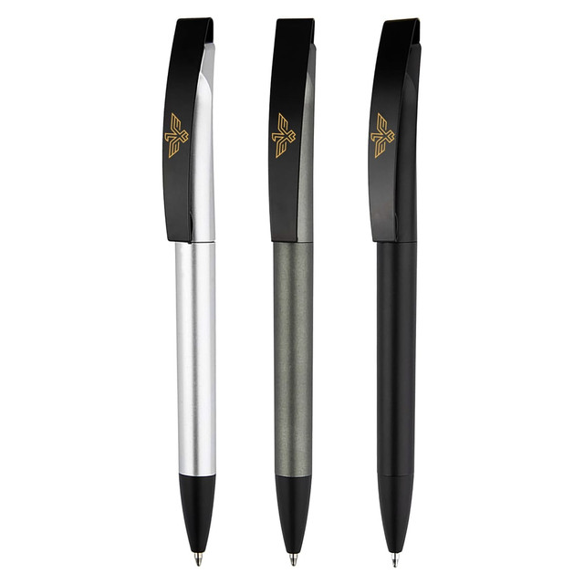Three plastic pens in silver, grey, and black, each featuring a clip and a logo on the side.