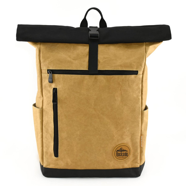 A tan and black roll-top laptop backpack with a front zip pocket and side pockets, featuring a logo. A tan and black roll-top laptop backpack with a front zip pocket and side pockets, featuring a logo.