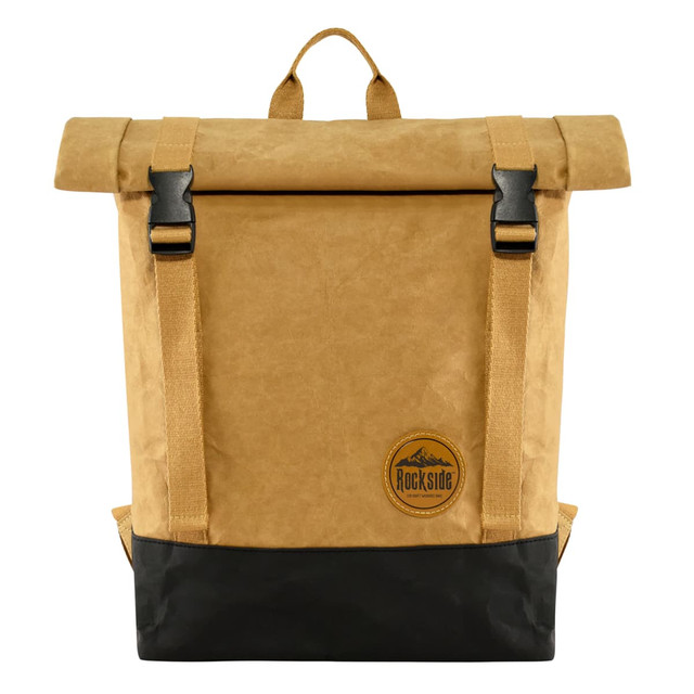 A tan kraft paper laptop backpack with black accents and a logo on the front. Features adjustable straps and a roll-top design. A tan kraft paper laptop backpack with black accents and a logo on the front. Features adjustable straps and a roll-top design.