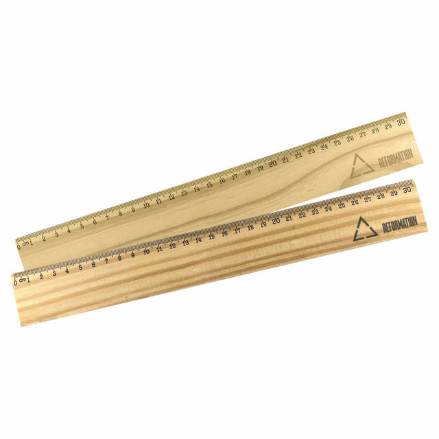 A wooden 30cm ruler in light wood tones, featuring measurement markings and a branding logo.