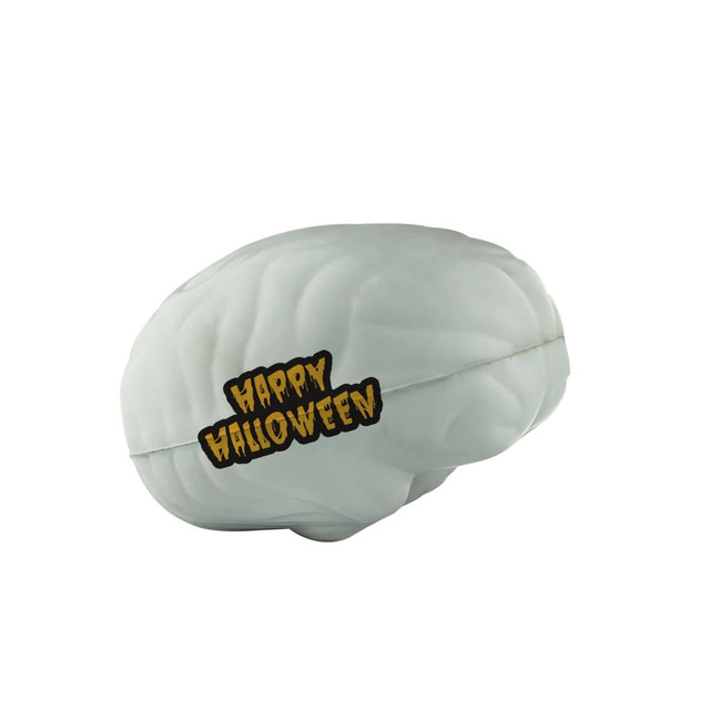 A green stress ball shaped like a brain, featuring a Halloween-themed logo.