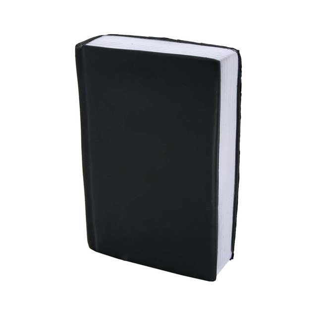A black stress toy shaped like a book, featuring a textured cover and white pages. It has a logo on the side.