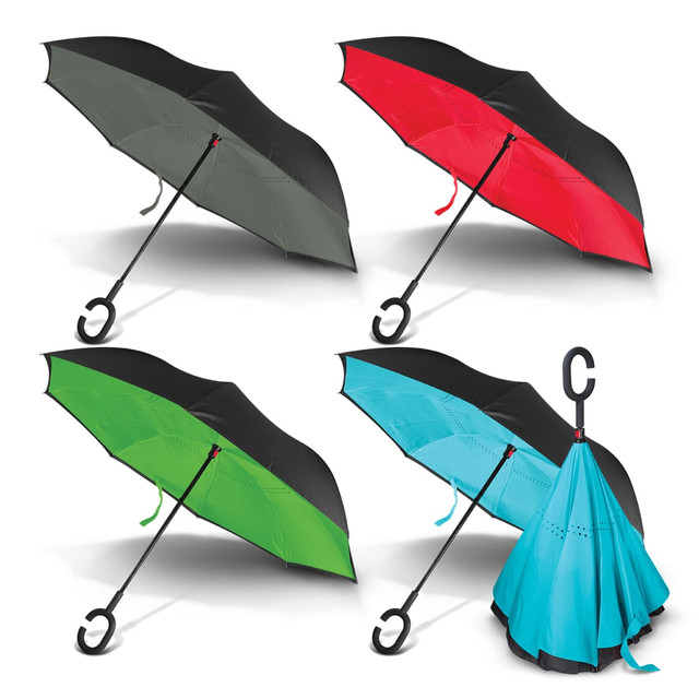 Four inverted umbrellas in green, red, black, and blue, featuring a unique handle design and a logo. Four inverted umbrellas in green, red, black, and blue, featuring a unique handle design and a logo.
