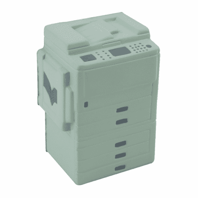 A light grey stress photocopier toy featuring realistic details, buttons, and multiple stacked drawers.