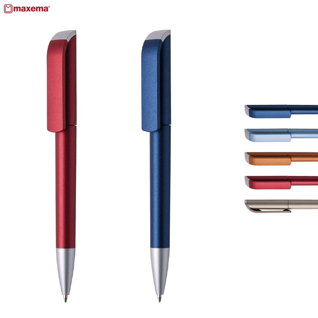 Two metallic pens in red and blue, alongside additional pens in various colours, all with clip designs. Two metallic pens in red and blue, alongside additional pens in various colours, all with clip designs.