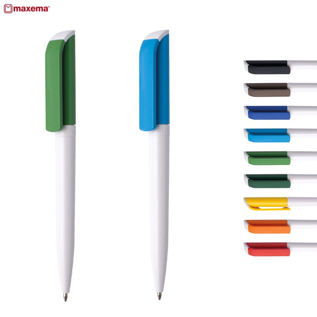 A collection of plastic pens featuring green and blue caps, with additional colours displayed alongside. Each pen has a white body.
