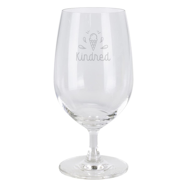 A clear glass beer glass with a round bowl and a slender stem. Features a logo on the front.
